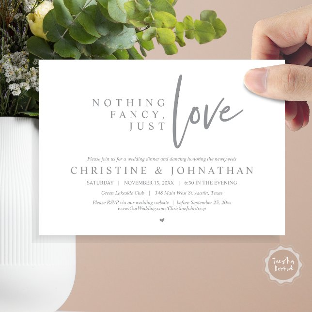 Ingenting Finare, Just Kärlek, Bröllop Elopement M Inbjudningar (Nothing Fancy, Just Love, Wedding Elopement Dinner Invitation Card, PDF, in Dark Grey)