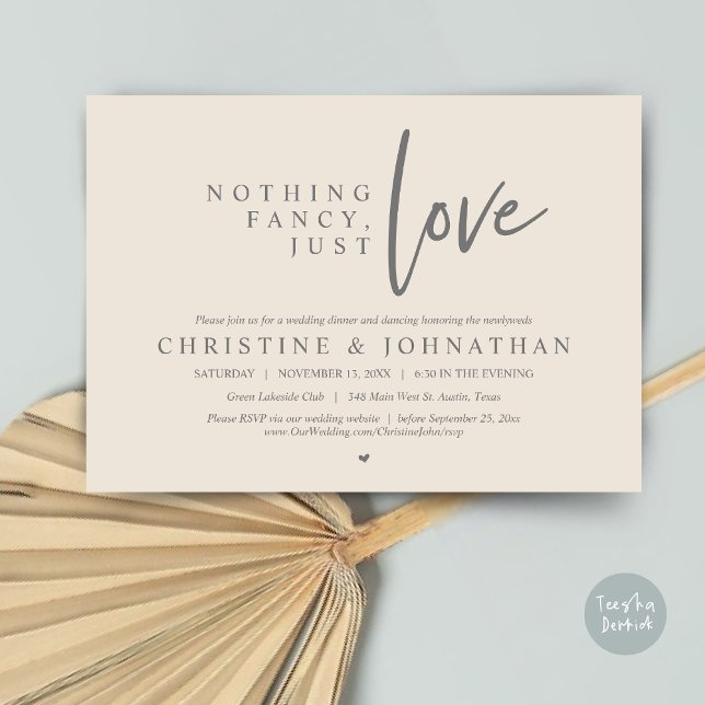 Ingenting Finare, Just Kärlek, Bröllop Elopement M Inbjudningar (Nothing Fancy, Just Love, Wedding Elopement Dinner Invitation Card, PDF, in Grey Cream)
