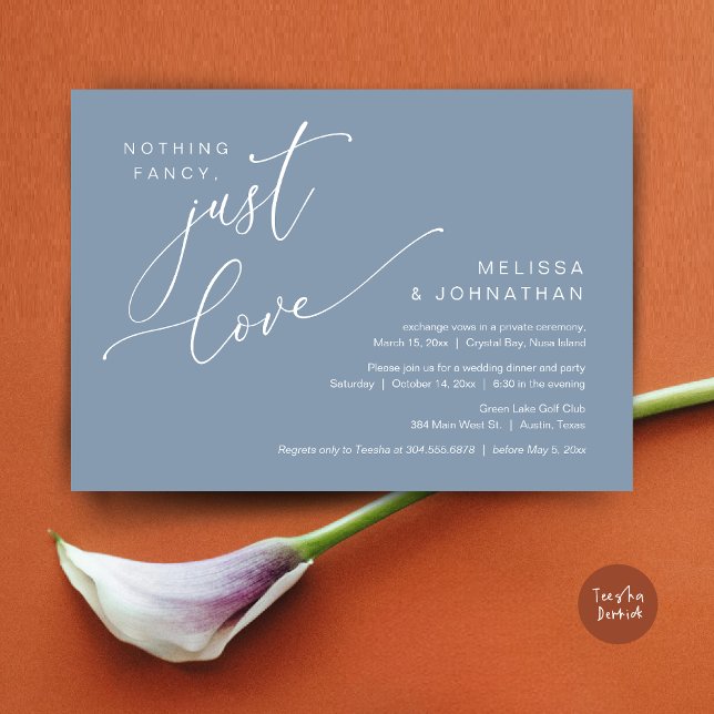 Ingenting Finare, Just Kärlek, Bröllop Elopement M Inbjudningar (Nothing Fancy, Just Love, Wedding Elopement Dinner Invitation Card, PDF, in Dusty Blue)