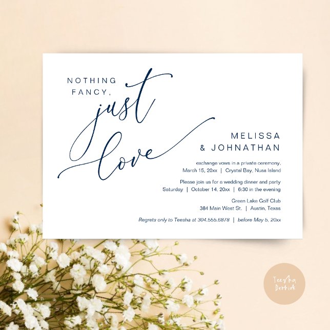 Ingenting Finare, Just Kärlek, Bröllop Elopement M Inbjudningar (Nothing Fancy, Just Love, Wedding Elopement Dinner Invitation Card, PDF, in Navy Blue)