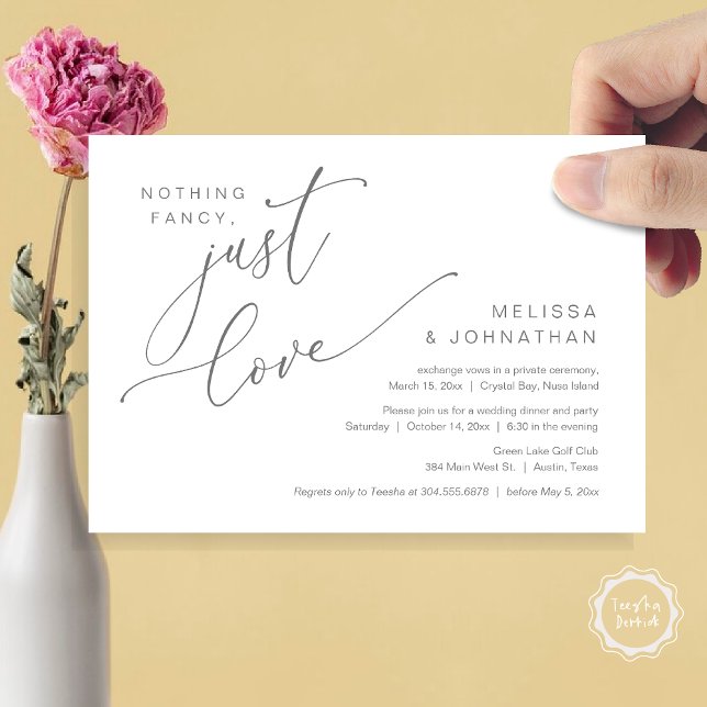 Ingenting Finare, Just Kärlek, Bröllop Elopement M Inbjudningar (Nothing Fancy, Just Love, Wedding Elopement Dinner Invitation Card, PDF, in Dark Grey)