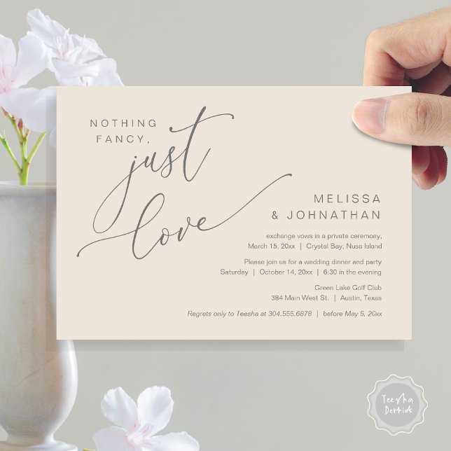 Ingenting Finare, Just Kärlek, Bröllop Elopement M Inbjudningar (Nothing Fancy, Just Love, Wedding Elopement Dinner Invitation Card, PDF, in Cream and Grey)