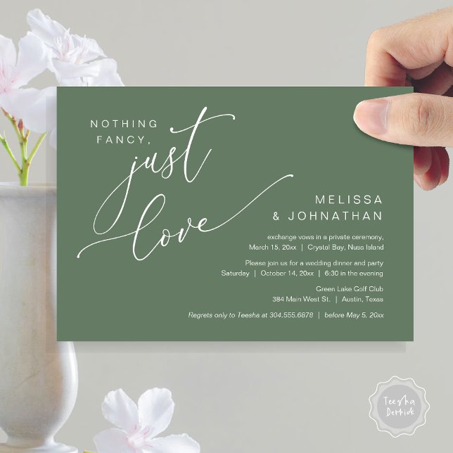 Ingenting Finare, Just Kärlek, Bröllop Elopement M Inbjudningar (Nothing Fancy, Just Love, Wedding Elopement Dinner Invitation Card, PDF, in Sage Green)