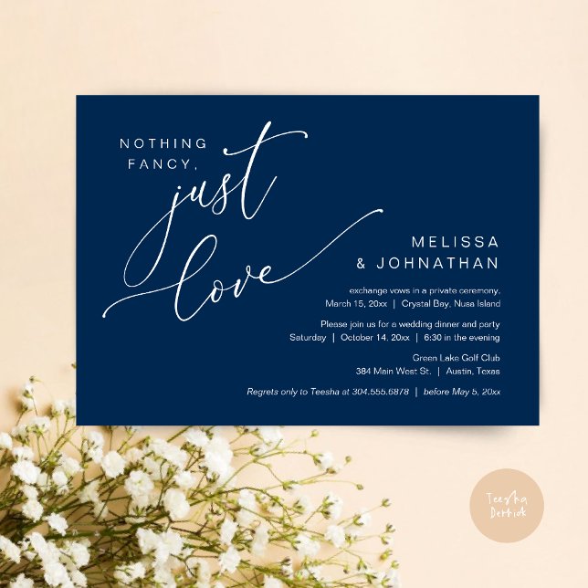 Ingenting Finare, Just Kärlek, Bröllop Elopement M Inbjudningar (Nothing Fancy, Just Love, Wedding Elopement Dinner Invitation Card, PDF, in Navy Blue)