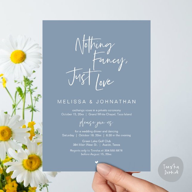 Ingenting Finare, Just Kärlek, Bröllop Elopement M Inbjudningar (Happily Ever After Party, Wedding Elopement Dinner Brunch Lunch Invitation Card, PDF, Dusty Blue)