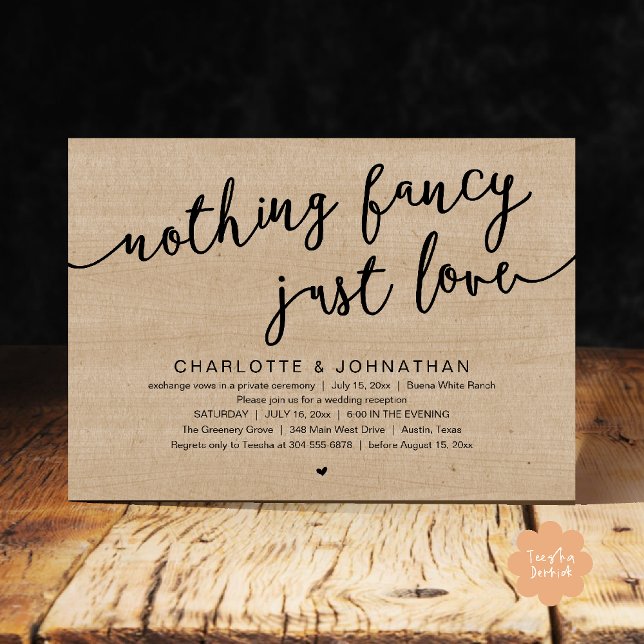 Ingenting Finare, Just Kärlek, Bröllop Elopement P Inbjudningar (Nothing Fancy, Just Love, Wedding Elopement Dinner Lunch Brunch Party Invites Card  PDF Brown Wood)