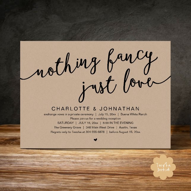 Ingenting Finare, Just Kärlek, Bröllop Elopement P Inbjudningar (Nothing Fancy, Just Love, Wedding Elopement Dinner Lunch Brunch Party Invites Card  PDF Brown Kraft)