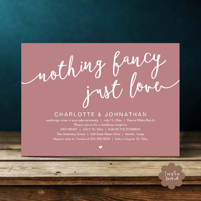 Ingenting Finare, Just Kärlek, Bröllop Elopement P Inbjudningar (Nothing Fancy, Just Love, Wedding Elopement Dinner Lunch Brunch Party Invites Card  PDF Dusty Rose)