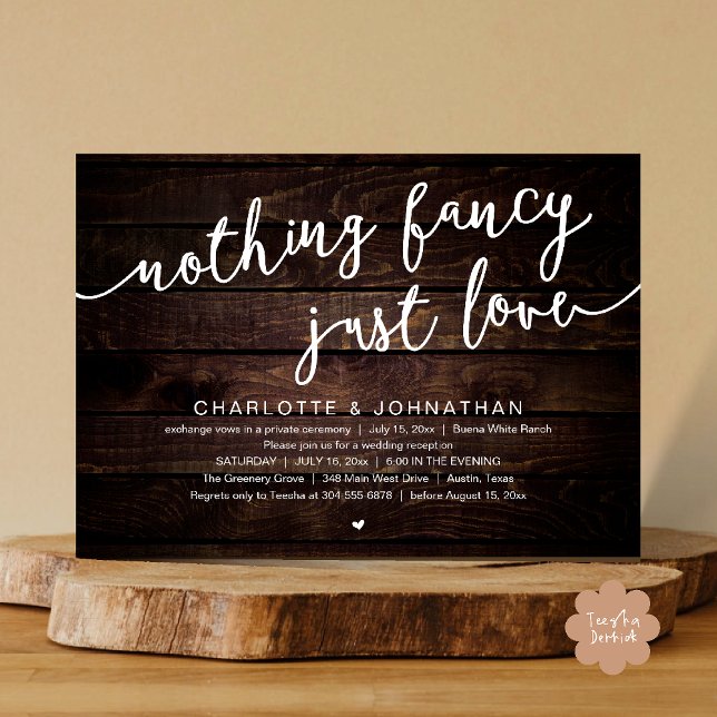 Ingenting Finare, Just Kärlek, Bröllop Elopement P Inbjudningar (Nothing Fancy, Just Love, Wedding Elopement Dinner Lunch Brunch Party Invites Card  PDF Dark Wood)
