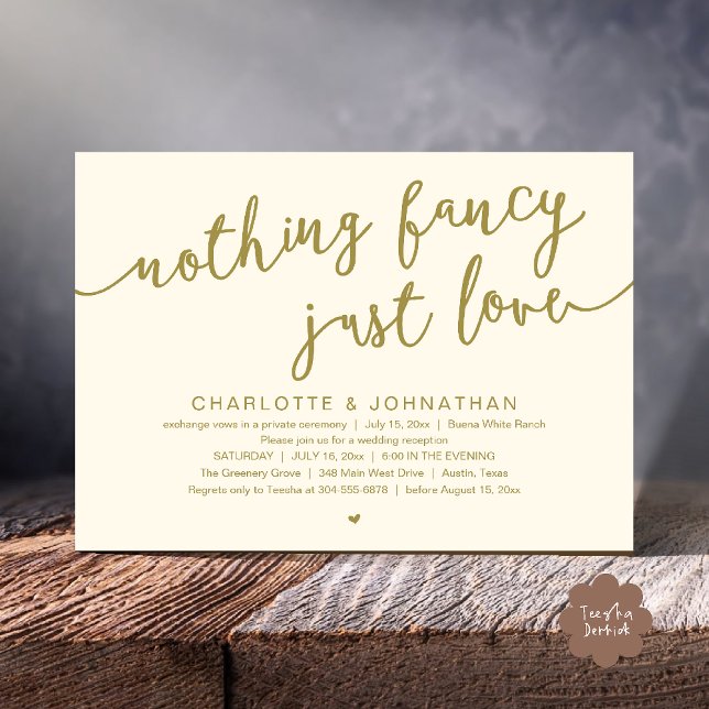 Ingenting Finare, Just Kärlek, Bröllop Elopement P Inbjudningar (Nothing Fancy, Just Love, Wedding Elopement Dinner Lunch Brunch Party Invites Card  PDF Yellow gold)