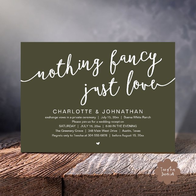 Ingenting Finare, Just Kärlek, Bröllop Elopement P Inbjudningar (Nothing Fancy, Just Love, Wedding Elopement Dinner Lunch Brunch Party Invites Card  PDF Olive Green)