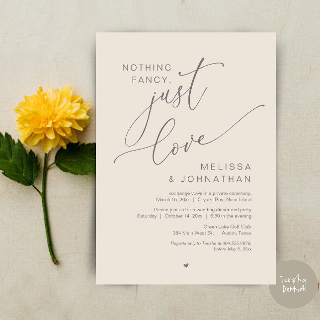 Ingenting Finare, Just Kärlek, Bröllop Elopement P Inbjudningar (Nothing Fancy, Just Love, Wedding Elopement Dinner Party Invitation Card, PDF, In Cream and Grey)
