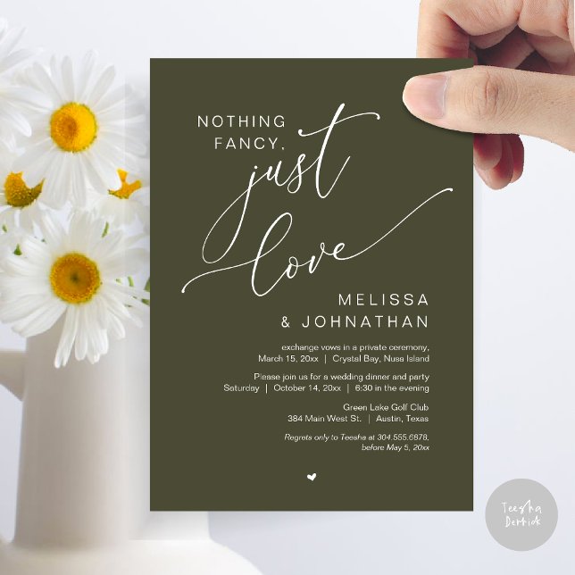 Ingenting Finare, Just Kärlek, Bröllop Elopement P Inbjudningar (Nothing Fancy, Just Love, Wedding Elopement Dinner Party Invitation Card, PDF, In Olive Green)
