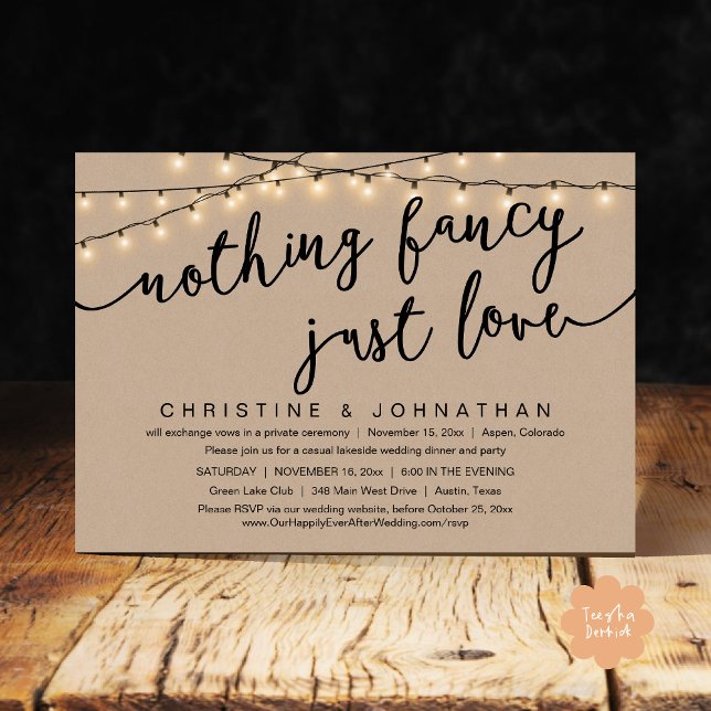 Ingenting Finare, Just Kärlek, Bröllop Elopement P Inbjudningar (Nothing Fancy, Just Love, Wedding Elopement Party Invites Card PDF Rustic Brown Kraft String Lights)