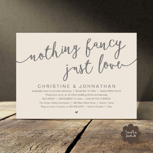 Ingenting Finare, Just Kärlek, Bröllop Elopement P Inbjudningar (Nothing Fancy, Just Love, Wedding Elopement Party Invites Card PDF Modern Cottage Rustic Cream Grey)