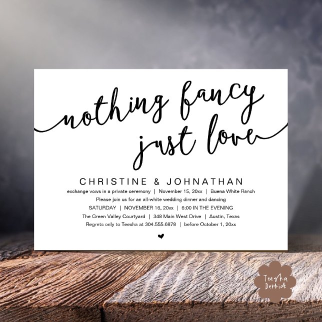 Ingenting Finare, Just Kärlek, Bröllop Elopement P Inbjudningar (Nothing Fancy, Just Love, Wedding Elopement Party Invites Card PDF Modern Cottage Rustic Black White)