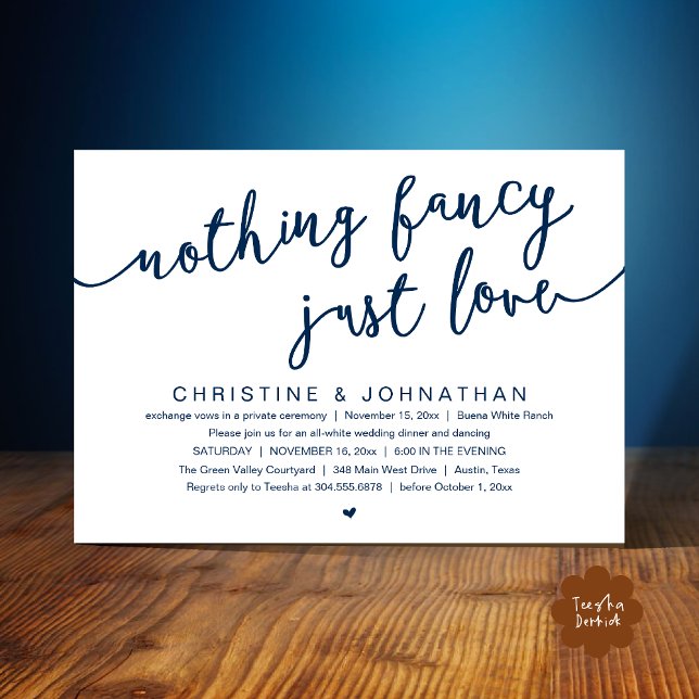 Ingenting Finare, Just Kärlek, Bröllop Elopement P Inbjudningar (Nothing Fancy, Just Love, Wedding Elopement Party Invites Card PDF Modern Cottage Rustic Navy Blue)