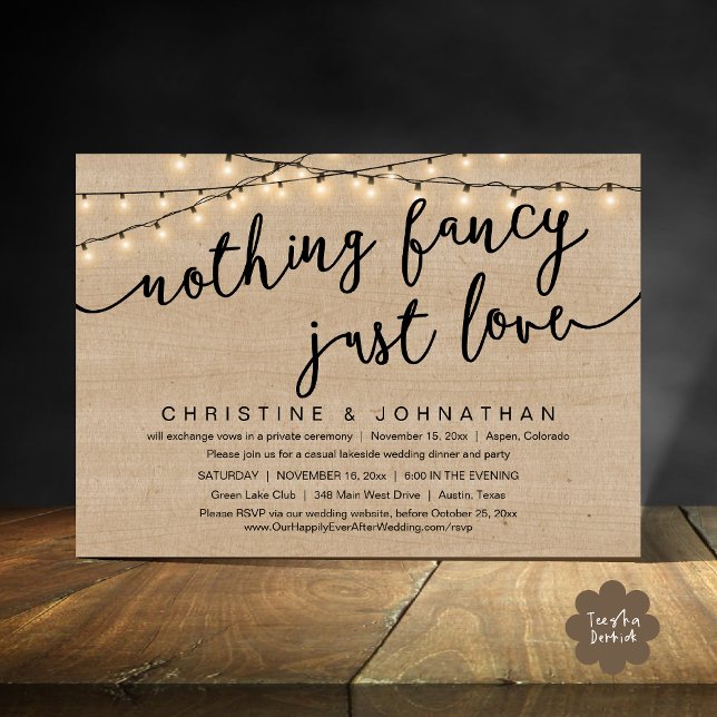 Ingenting Finare, Just Kärlek, Bröllop Elopement P Inbjudningar (Nothing Fancy, Just Love, Wedding Elopement Party Invites Card PDF Rustic Cottage Light Brown Wood)