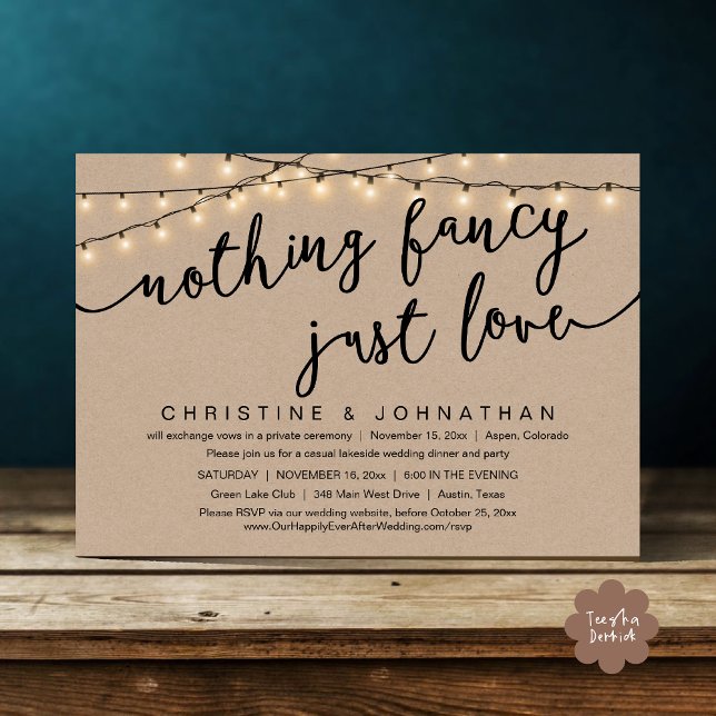 Ingenting Finare, Just Kärlek, Bröllop Elopement P Inbjudningar (Nothing Fancy, Just Love, Wedding Elopement Party Invites Card PDF Rustic Cottage Light Brown Kraft)