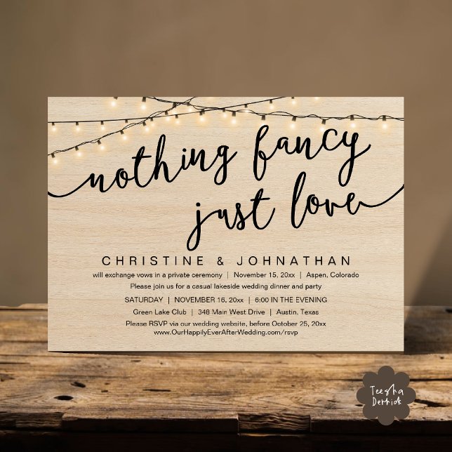 Ingenting Finare, Just Kärlek, Bröllop Elopement P Inbjudningar (Nothing Fancy, Just Love, Wedding Elopement Party Invites Card PDF Rustic Cottage Light Brown Wood)