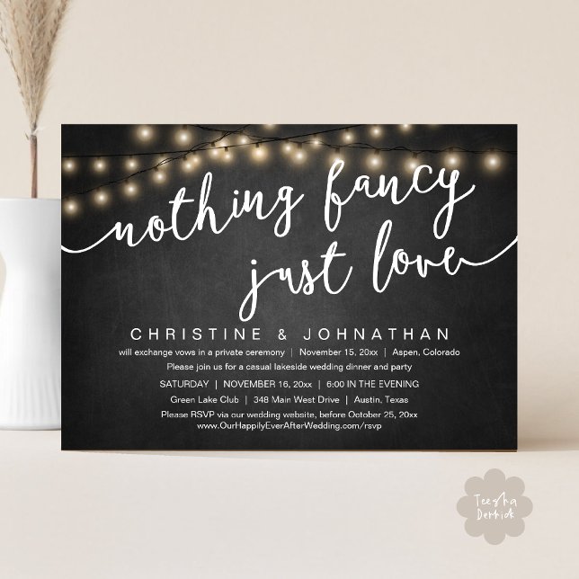 Ingenting Finare, Just Kärlek, Bröllop Elopement P Inbjudningar (Nothing Fancy, Just Love, Wedding Elopement Party Invites Card PDF String Lights Black Chalkboard)