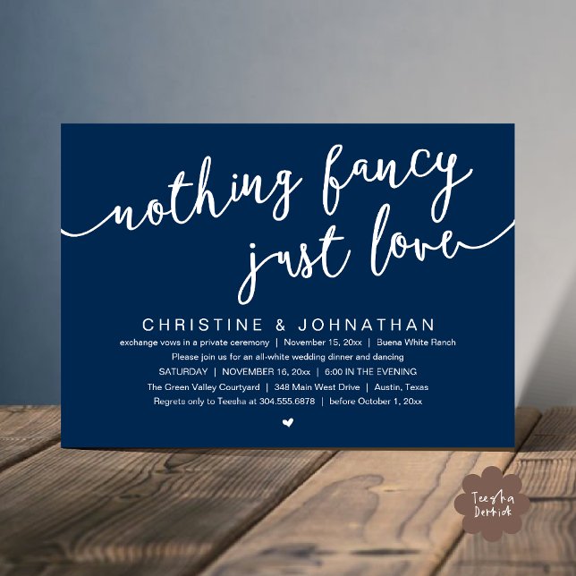 Ingenting Finare, Just Kärlek, Bröllop Elopement P Inbjudningar (Nothing Fancy, Just Love, Wedding Elopement Party Invites Card PDF Modern Cottage Rustic Navy Blue)