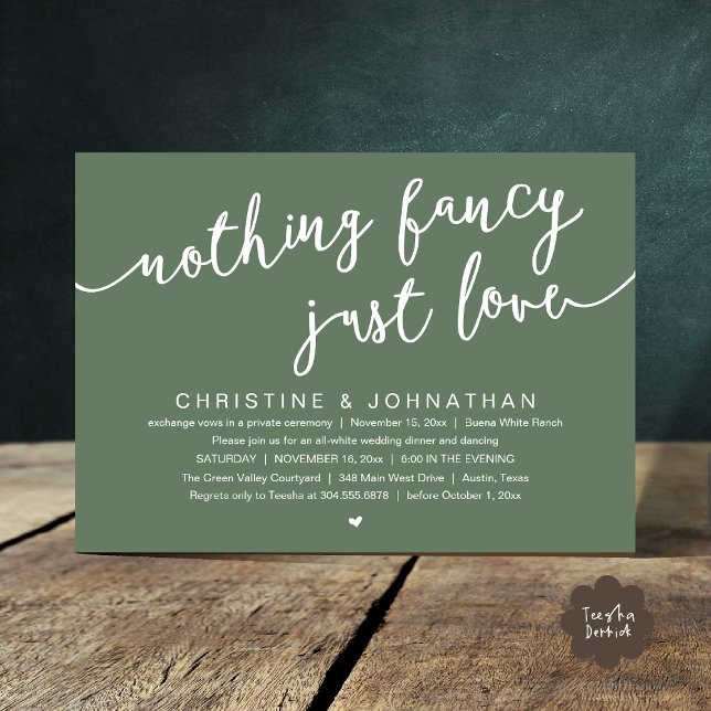 Ingenting Finare, Just Kärlek, Bröllop Elopement P Inbjudningar (Nothing Fancy, Just Love, Wedding Elopement Party Invites Card PDF Cottage Rustic Sage Green)