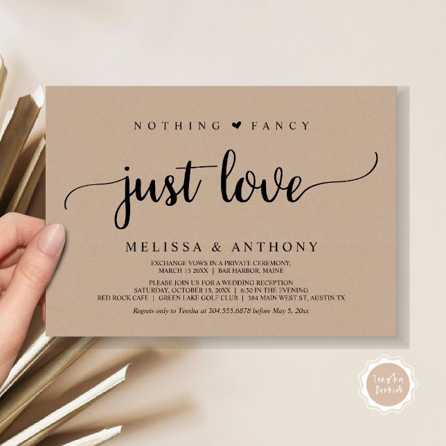 Ingenting Finare Just Kärlek, Elopement, Rustic Br Inbjudningar (Nothing Fancy Just Love, Elopement, Rustic Script Wedding Invitation Card, in Brown Kraft)