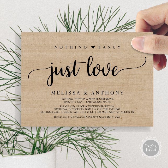 Ingenting Finare Just Kärlek, Elopement, Rustic Br Inbjudningar (Nothing Fancy Just Love, Elopement, Rustic Script Wedding Invitation Card, in Brown Wood)