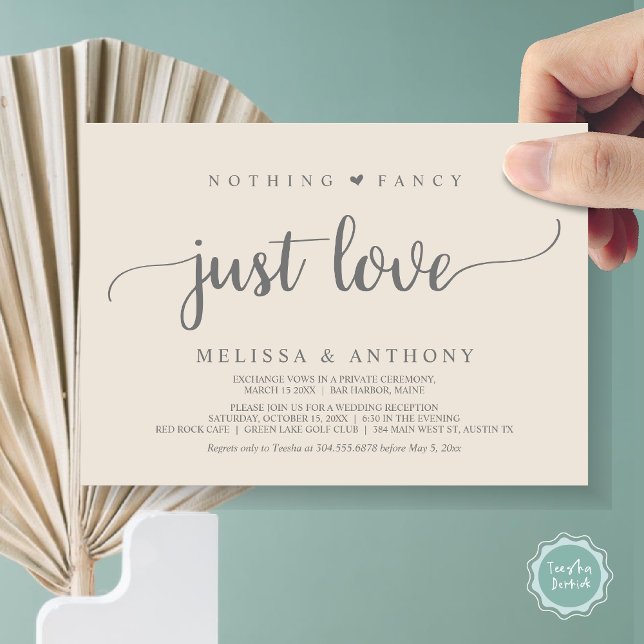 Ingenting Finare Just Kärlek, Elopement, Rustic Br Inbjudningar (Nothing Fancy Just Love, Elopement, Rustic Script Wedding Invitation Card, in Grey Cream)