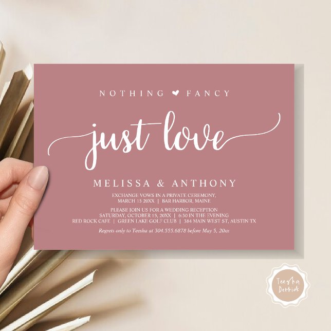 Ingenting Finare Just Kärlek, Elopement, Rustic Br Inbjudningar (Nothing Fancy Just Love, Elopement, Rustic Script Wedding Invitation Card, in Dusty Rose Pink)