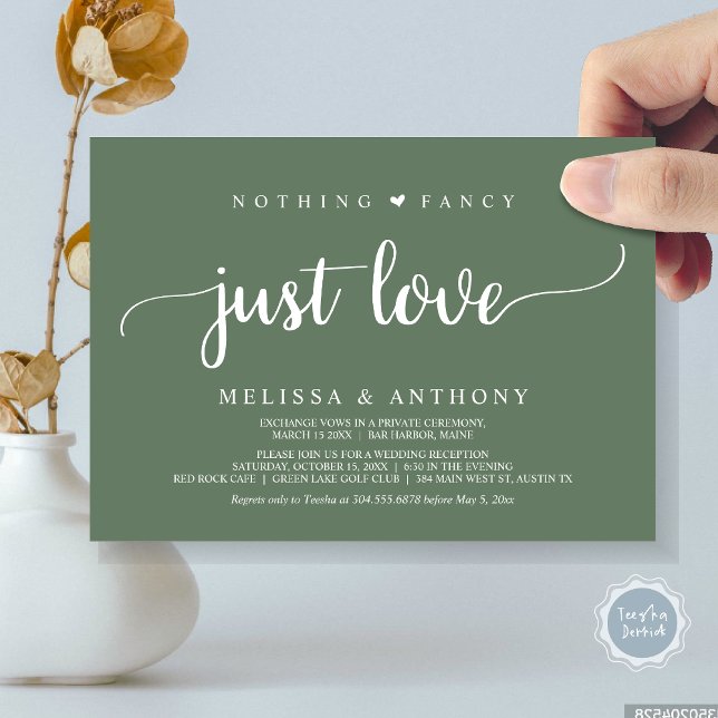 Ingenting Finare Just Kärlek, Elopement, Rustic Br Inbjudningar (Nothing Fancy Just Love, Elopement, Rustic Script Wedding Invitation Card, in Forest Sage Green)