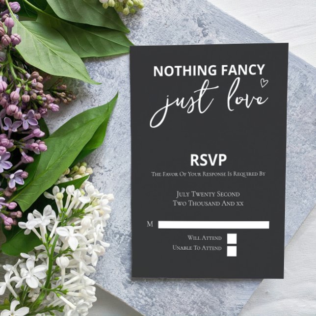 Ingenting Finare Just Kärlek minimalistiskt Bröllo OSA Kort (Nothing Fancy Just Love Minimalist Wedding RSVP Cards from Ricaso. Modern dark grey & white design)
