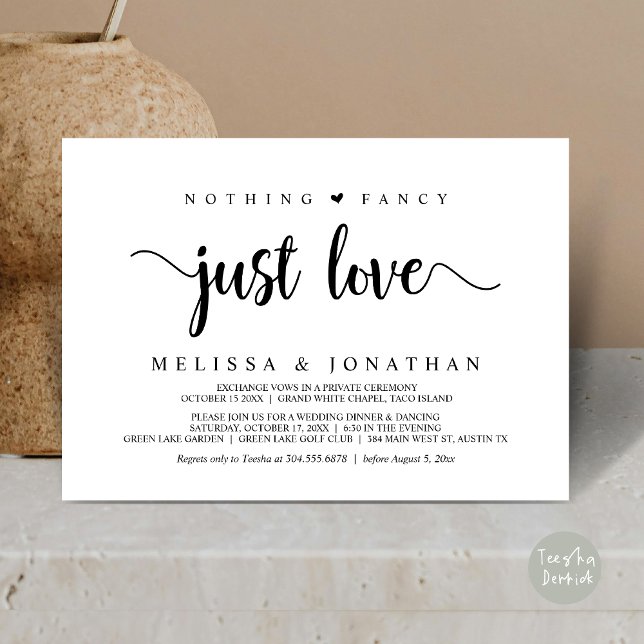 Ingenting Finare Just Kärlek, Modern Bröllop Elope Inbjudningar (Nothing Fancy Just Love, Modern Wedding Elopement Invitation Card, Rustic Cottage, PDF, White Black)