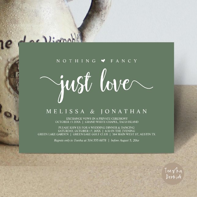 Ingenting Finare Just Kärlek, Modern Bröllop Elope Inbjudningar (Nothing Fancy Just Love, Modern Rustic Wedding Elopement Dinner Invitation Card, PDF, Greenery Sage)