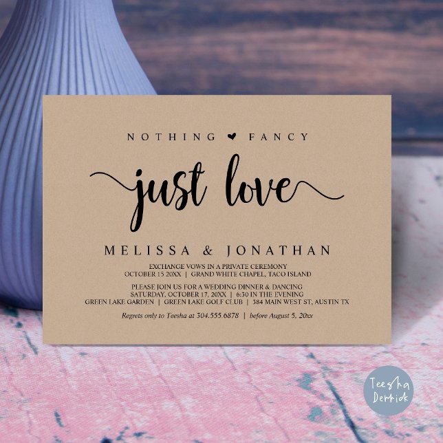 Ingenting Finare Just Kärlek, Modern Bröllop Elope Inbjudningar (Nothing Fancy Just Love, Modern Rustic Wedding Elopement Dinner Invitation Card, PDF, Brown Kraft)