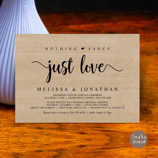 Ingenting Finare Just Kärlek, Modern Bröllop Elope Inbjudningar (Nothing Fancy Just Love, Modern Rustic Wedding Elopement Dinner Invitation Card, PDF, Wood Graphic)