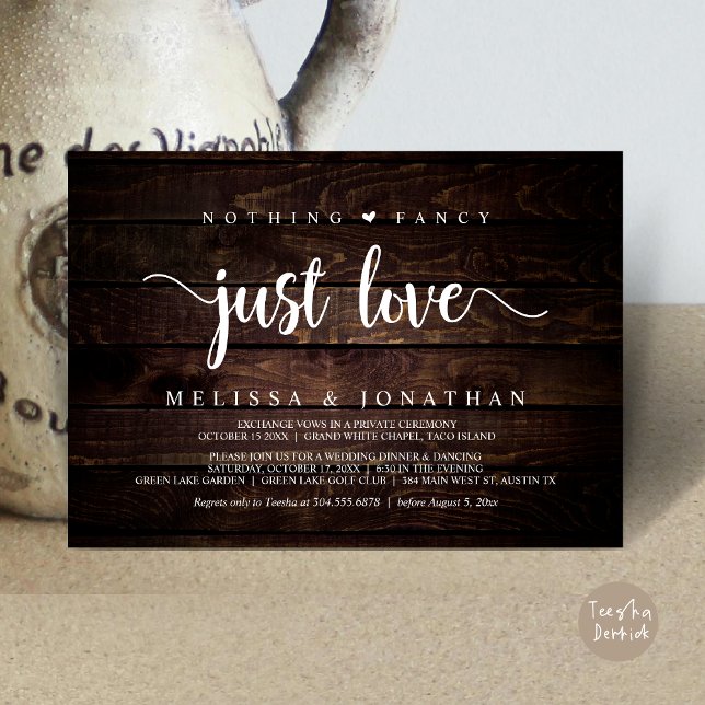 Ingenting Finare Just Kärlek, Modern Bröllop Elope Inbjudningar (Nothing Fancy Just Love, Modern Rustic Wedding Elopement Dinner Invitation Card, PDF, Wood Graphic)