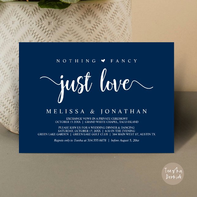 Ingenting Finare Just Kärlek, Modern Bröllop Elope Inbjudningar (Nothing Fancy Just Love, Modern Rustic Wedding Elopement Dinner Invitation Card, PDF, Navy Blue)