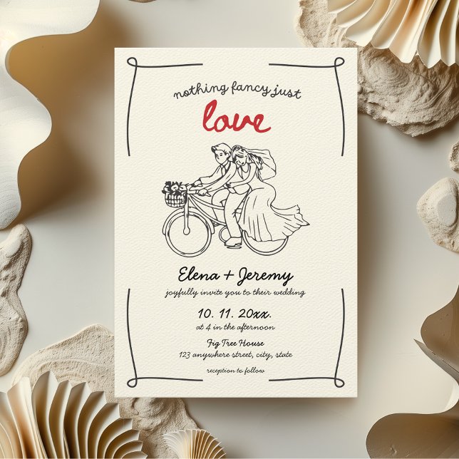 Ingenting Finare Just Kärlek motorcykel Hand plock Inbjudningar (Nothing fancy just love wedding invitation hand drawn whimsical quirky motorcycle bike aesthetic)