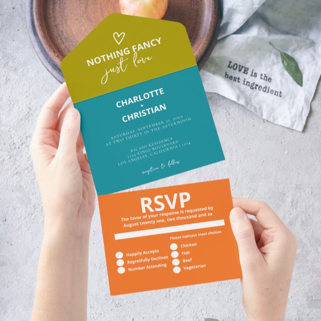 Ingenting Finare Just Kärlek Retro 70-talet Bröllo (Nothing Fancy Just Love Retro 70s Wedding All In One Invitation from Ricaso. Colorful fun and bold)