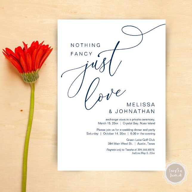 Ingenting Finare, Just Kärlek, Romantic Bröllop Mi Inbjudningar (Nothing Fancy, Just Love, Wedding Elopement Dinner Invitation Card, PDF, Modern Romantic, Navy Blue)