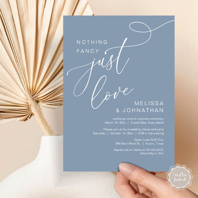 Ingenting Finare, Just Kärlek, Romantic Bröllop Mi Inbjudningar (Nothing Fancy, Just Love, Romantic Wedding Elopement Dinner Invitation Card, PDF, Dusty Blue)