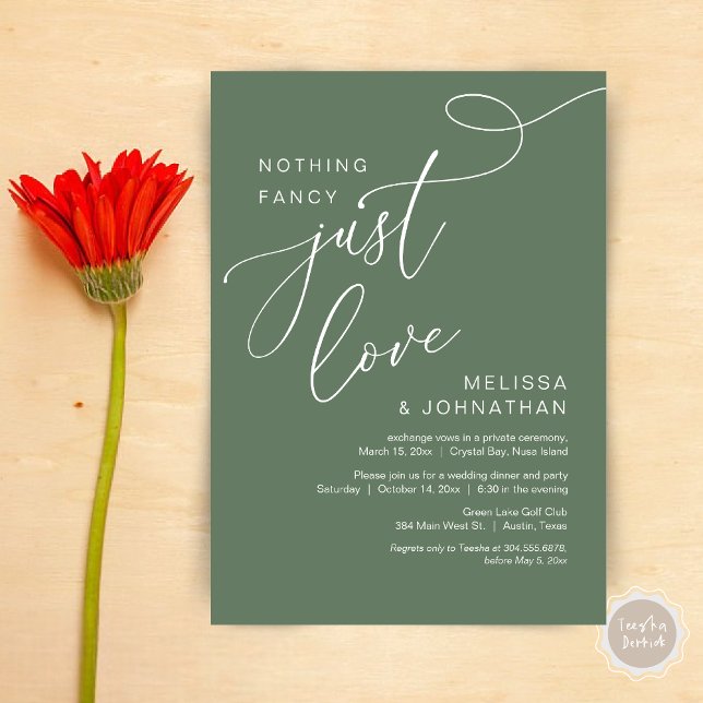 Ingenting Finare, Just Kärlek, Romantic Bröllop Mi Inbjudningar (Nothing Fancy, Just Love, Romantic Wedding Elopement Dinner Invitation Card, PDF, Forest Sage Green)