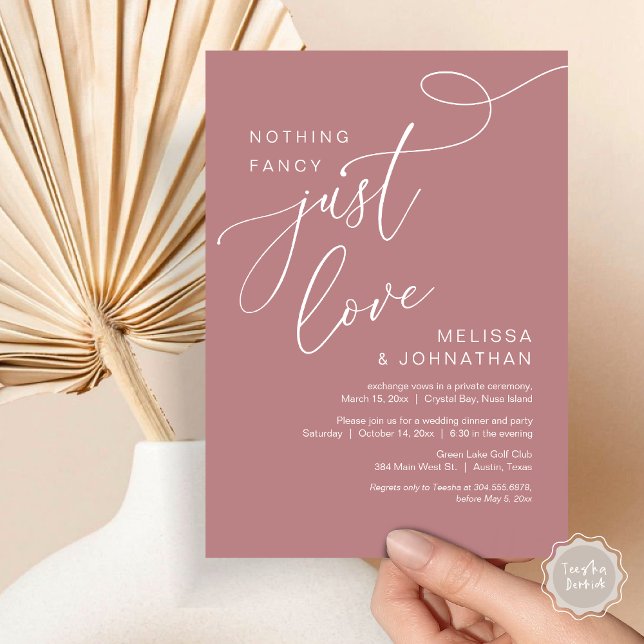 Ingenting Finare, Just Kärlek, Romantic Bröllop Mi Inbjudningar (Nothing Fancy, Just Love, Romantic Wedding Elopement Dinner Invitation Card, PDF, Dusty Rose Pink)