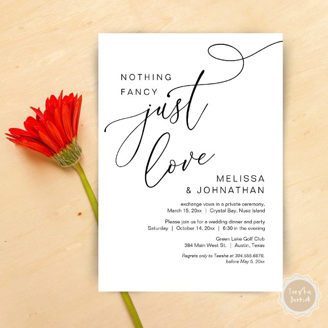 Ingenting Finare, Just Kärlek, Romantic Bröllop Mi Inbjudningar (Nothing Fancy, Just Love, Romantic Wedding Elopement Dinner Invitation Card, PDF, in Black and White)
