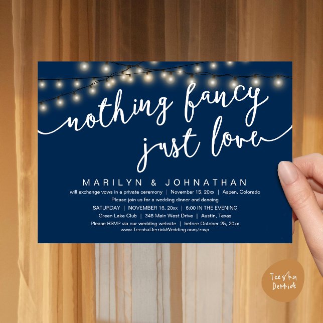Ingenting Finare, Just Kärlek, Rustic Bröllop Midd Inbjudningar (Nothing Fancy, Just Love, Rustic Cottage String Lights, Wedding Dinner Invites Card, PDF, Navy Blue)