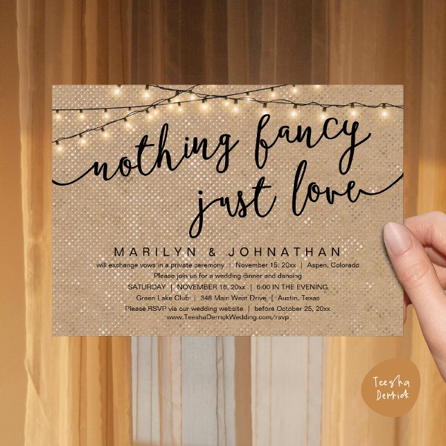 Ingenting Finare, Just Kärlek, Rustic Bröllop Midd Inbjudningar (Nothing Fancy, Just Love, Rustic Cottage String Lights, Wedding Dinner Invites Card, PDF Brown Kraft)