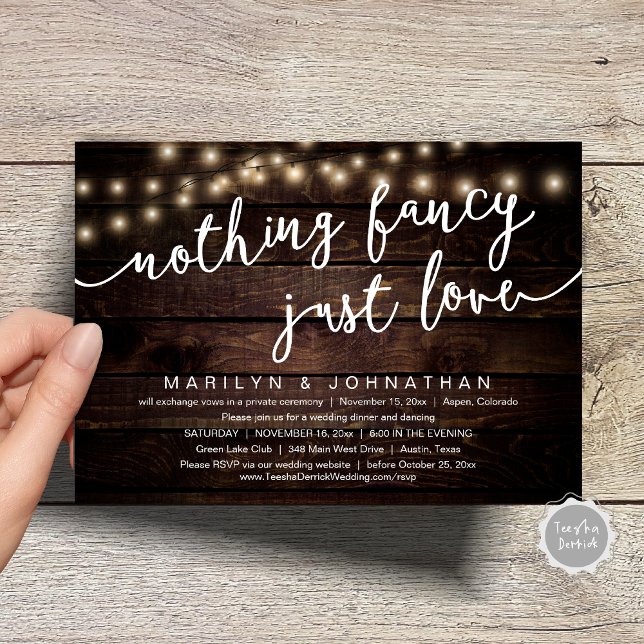 Ingenting Finare, Just Kärlek, Rustic Bröllop Midd Inbjudningar (Nothing Fancy, Just Love, Rustic Cottage String Lights, Wedding Dinner Invites Card, PDF, Brown Wood)