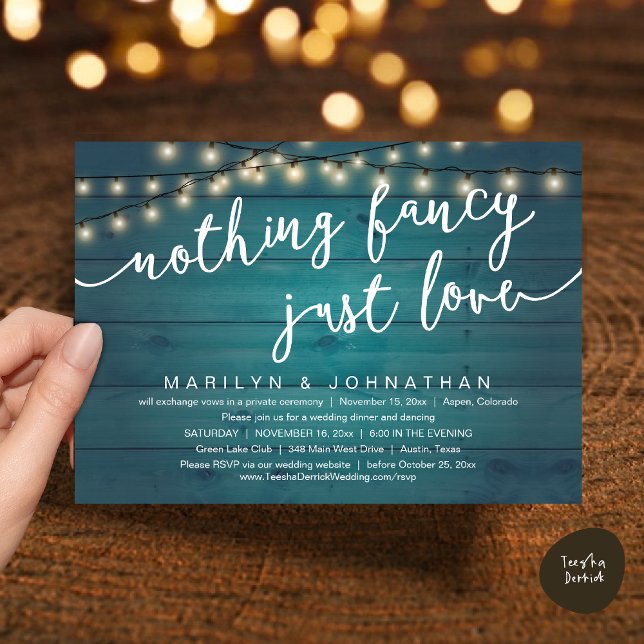 Ingenting Finare, Just Kärlek, Rustic Bröllop Midd Inbjudningar (Nothing Fancy, Just Love, Rustic Cottage String Lights, Wedding Dinner Invites Card, PDF, Teal Blue)